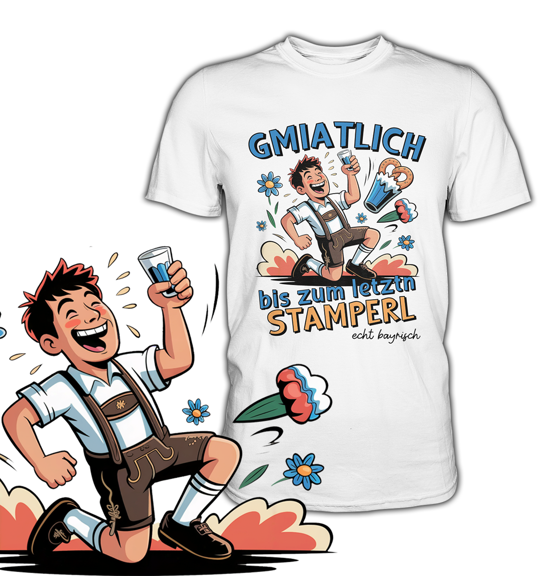Weißes T-Shirt mit „Gmiatlich“-Motiv, unten links vergrößerte Darstellung des Motivs