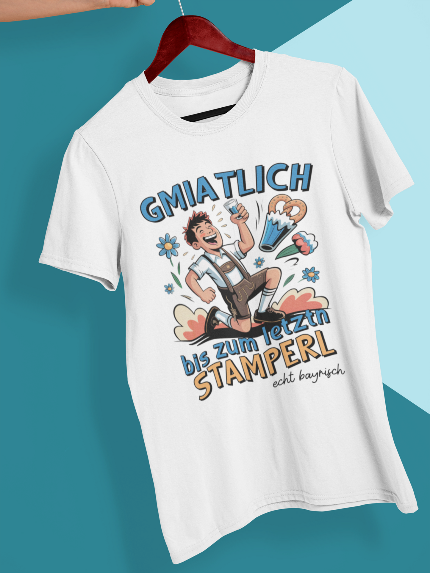 Weißes T-Shirt mit bayerischem Motiv auf Kleiderbügel