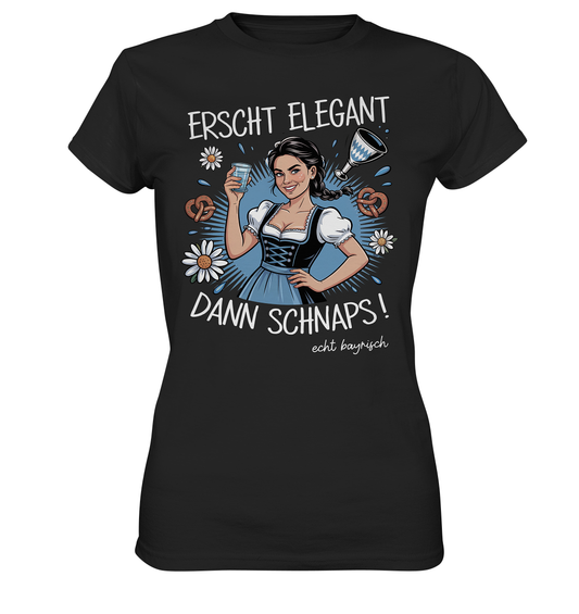 Schwarzes T-Shirt mit der Aufschrift „Erscht elegant dann Schnaps“ und Dirndl-Motiv