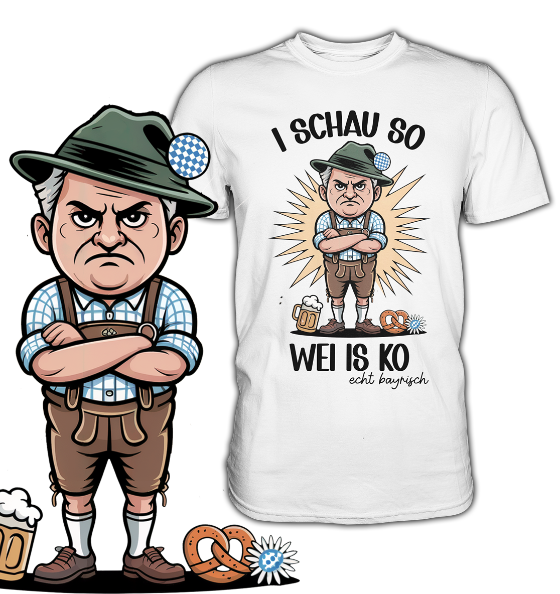 Weißes T-Shirt mit „I schau so wei is ko“-Motiv, unten links vergrößerte Darstellung des Motivs
