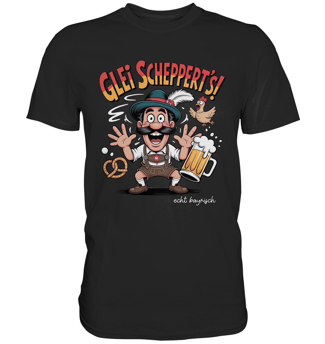 Schwarzes T-Shirt mit der Aufschrift „Glei scheppert’s“ und lustigem Motiv: wilder Bayer mit Maßkrug und Brezn