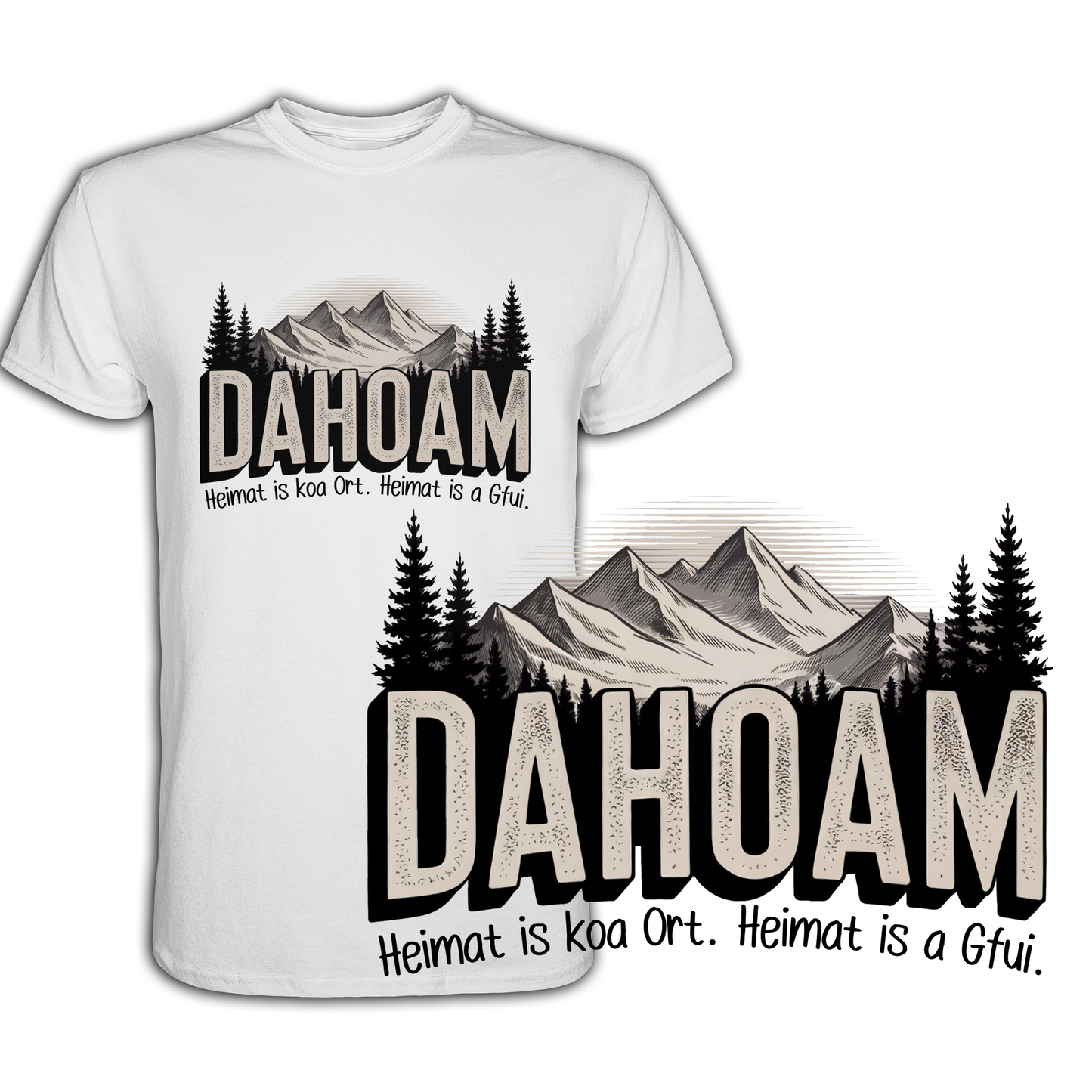 Weißes T-Shirt mit Retro-Bergdesign in Sepia und großem Schriftzug „Dahoam“, unten rechts vergrößerte Darstellung des Motivs