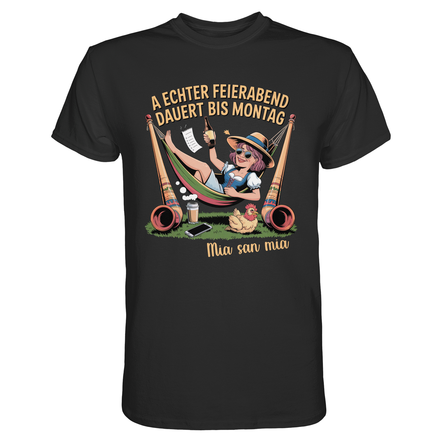 Schwarzes T-Shirt mit der Aufschrift „A echter Feierabend dauert bis Montag“ und Motiv: bayrisches Madl in Hängematte