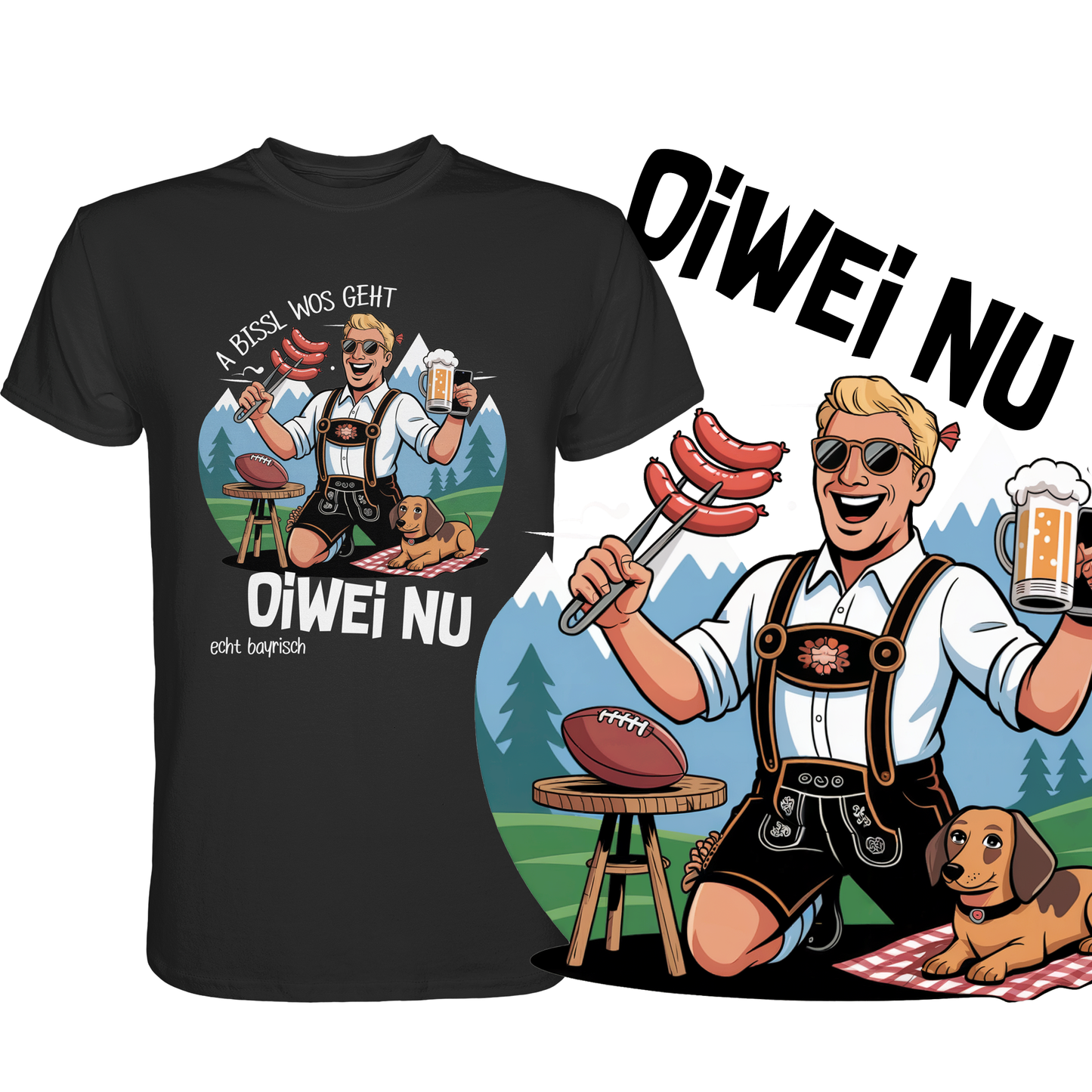 Schwarzes T-Shirt mit Spruch und feierndem Bayer-Motiv, unten rechts vergrößerte Darstellung