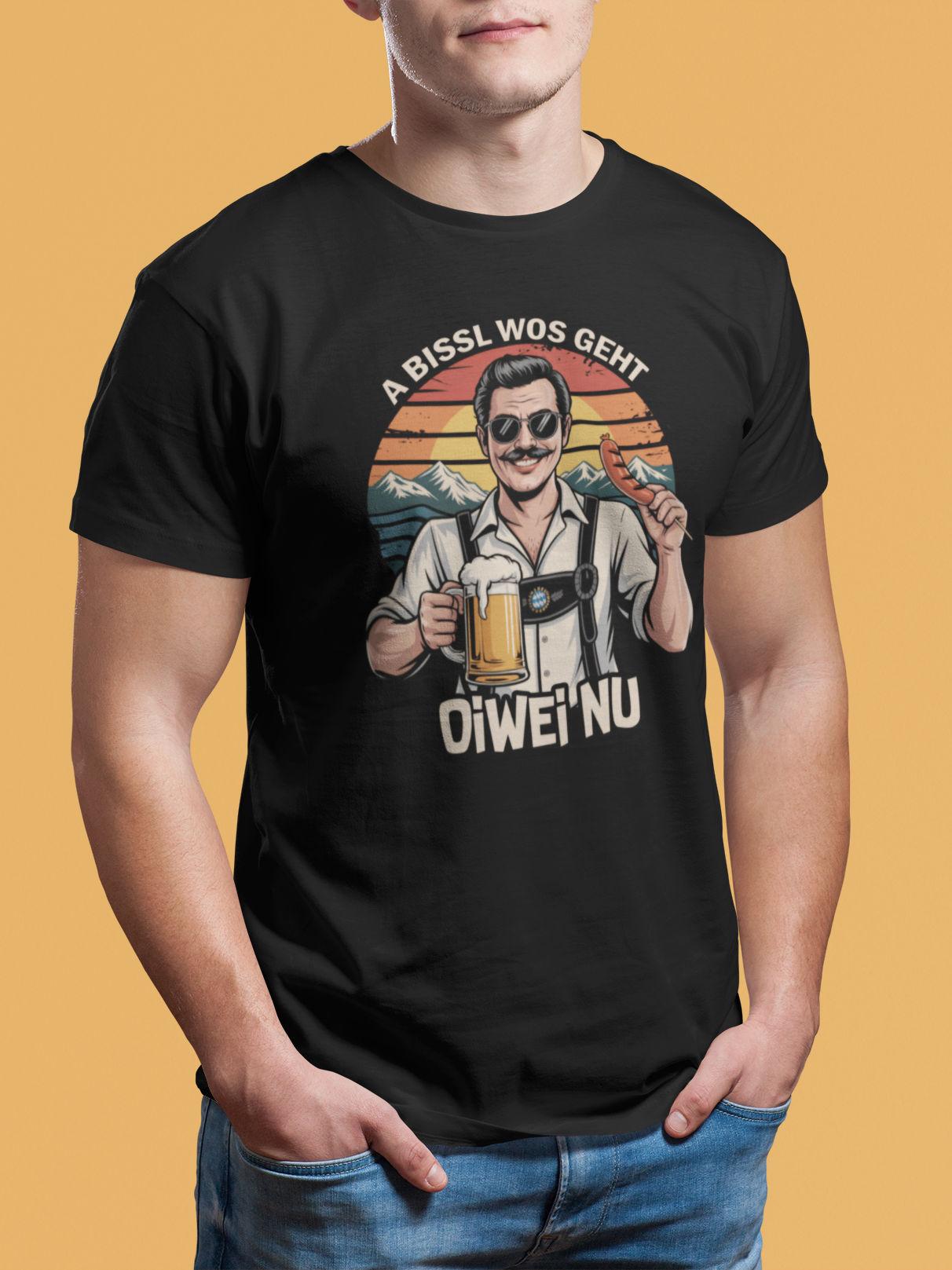 Junger Mann trägt schwarzes T-Shirt mit Sonnenbrillen-Bayer und frechem Spruch, Oberkörperansicht