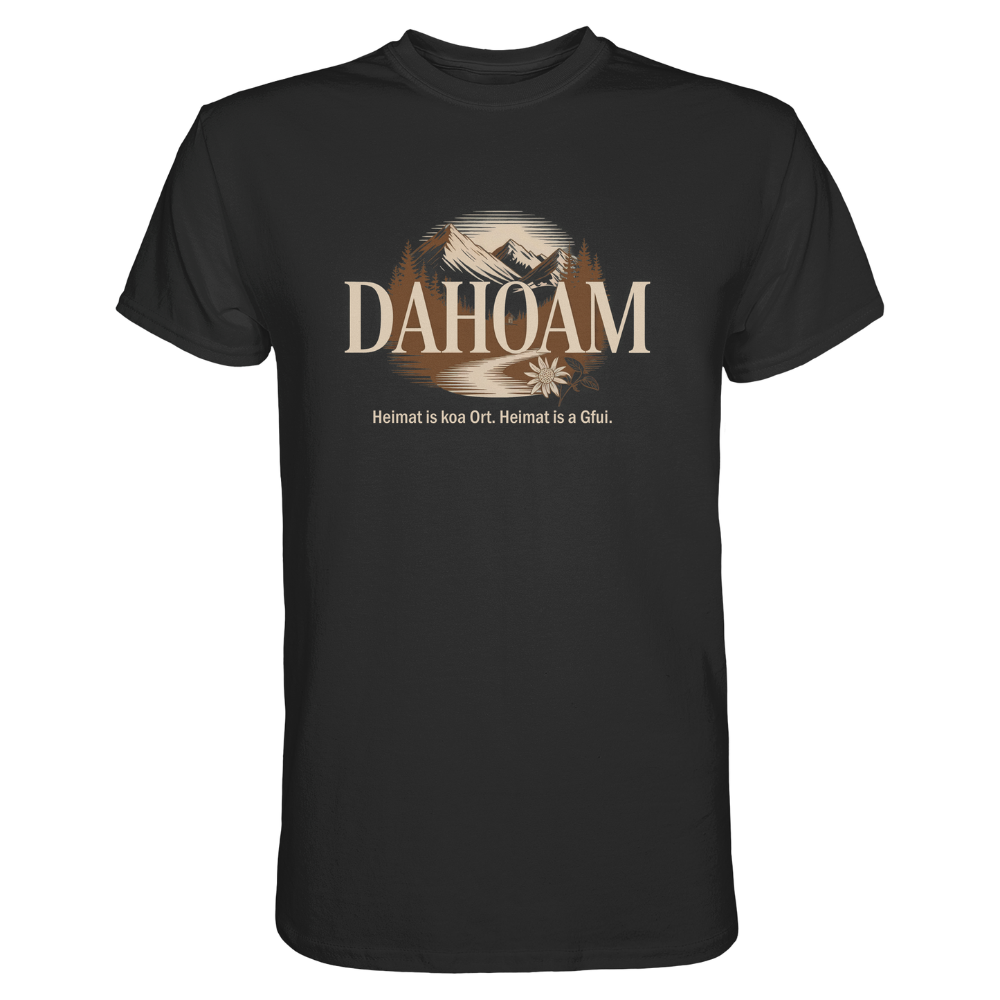 Schwarzes T-Shirt mit Bergmotiv in Sepia und dem Text „Dahoam. Heimat is koa Ort. Heimat is a Gfui.“
