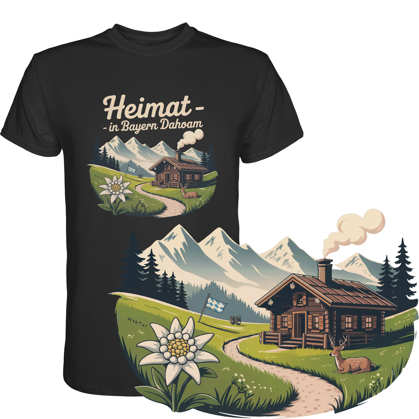 Schwarzes T-Shirt mit Berglandschaft, Hütte, Wiese und Edelweiß, unten rechts vergrößerte Darstellung