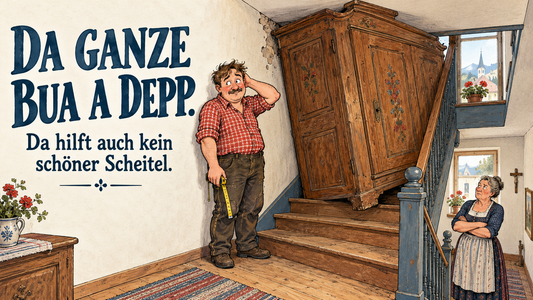 Comic zum Spruch „Da ganze Bua a Depp“: Ein Mann steht ratlos neben einem im Treppenhaus verkeilten Schrank, seine Mutter schaut skeptisch zu.