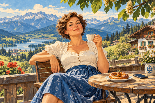 Retro-Illustration einer entspannten Frau mit Kaffeetasse auf einer Terrasse vor einer Alpenlandschaft
