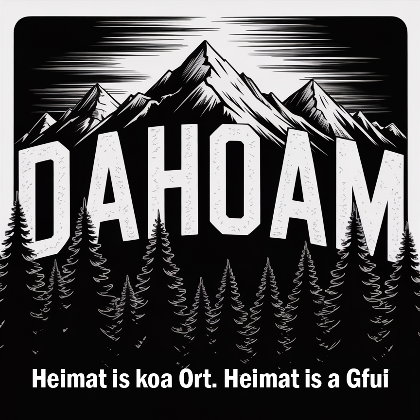 Bayern-Motiv mit Schriftzug "Dahoam" und Spruch "Heimat is koa Ort. Heimat is a Gfui"