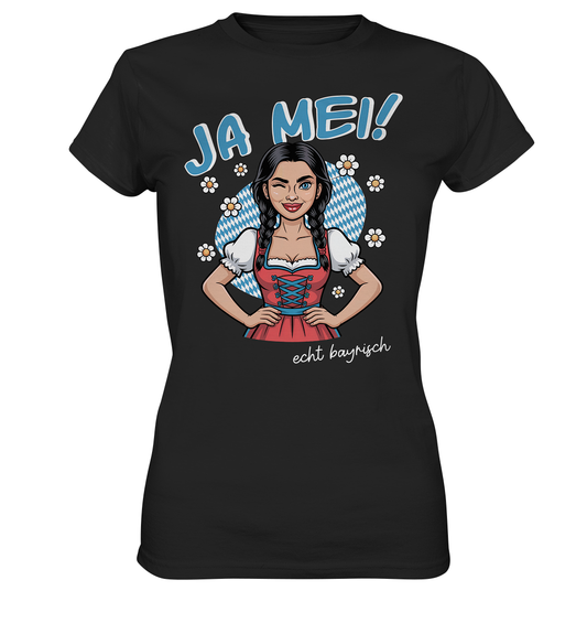 Schwarzes T-Shirt mit der Aufschrift „Ja mei“ und Motiv eines feschen Dirndl-Madls
