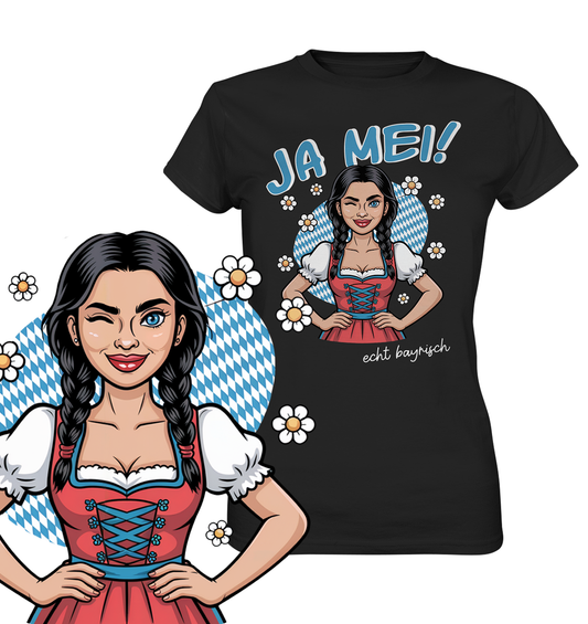 Schwarzes T-Shirt mit „Ja mei“-Motiv und Dirndl-Frau, unten links vergrößerte Darstellung des Motivs