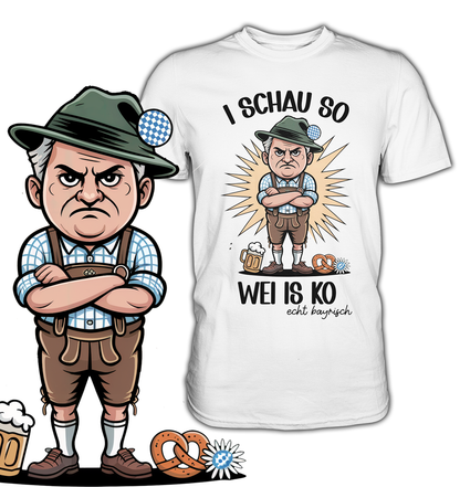 Weißes T-Shirt mit „I schau so wei is ko“-Motiv, unten links vergrößerte Darstellung des Motivs