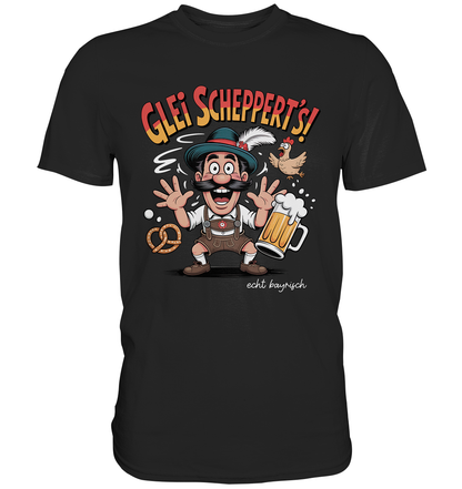 Schwarzes T-Shirt mit der Aufschrift „Glei scheppert’s“ und lustigem Motiv: wilder Bayer mit Maßkrug und Brezn