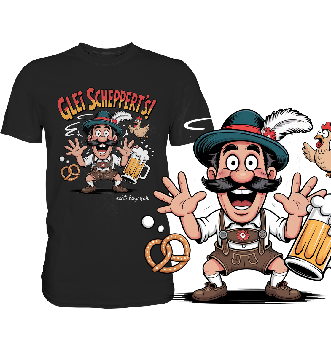 Schwarzes T-Shirt mit überdrehtem Bayer-Motiv und Spruch „Glei scheppert’s“, unten rechts vergrößerte Darstellung