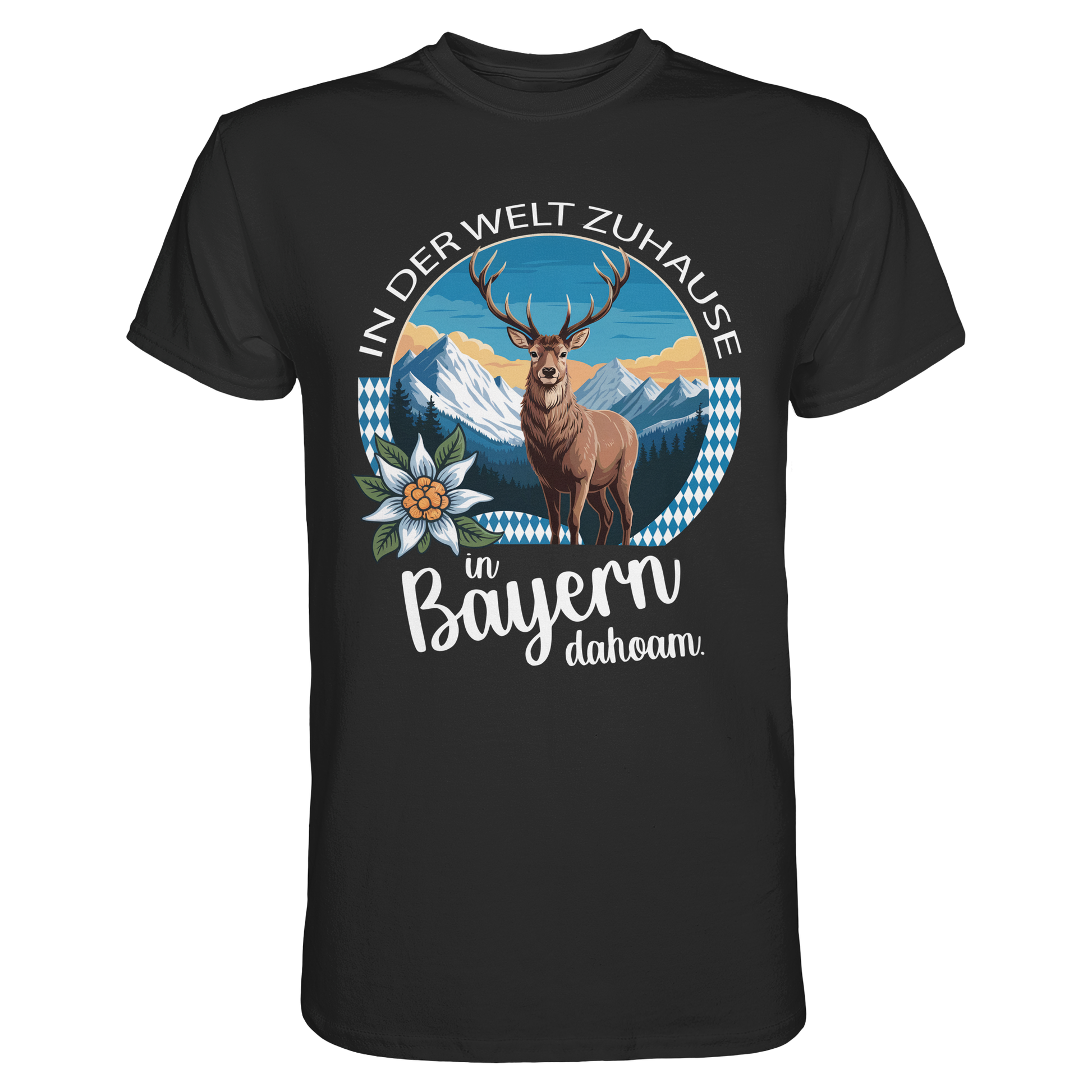 Schwarzes T-Shirt mit Spruch „In der Welt zuhause. In Bayern dahoam“ und Motiv: Hirsch, Edelweiß, Bergpanorama und blau-weiße Fahne