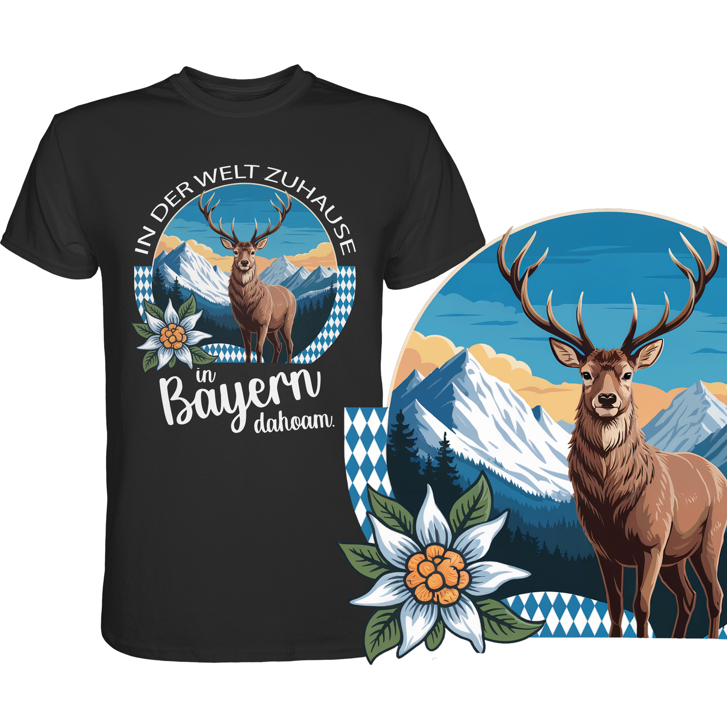 Schwarzes T-Shirt mit detailliertem Bayernmotiv (Hirsch, Fahne, Berge) und Spruch, unten rechts vergrößerte Darstellung