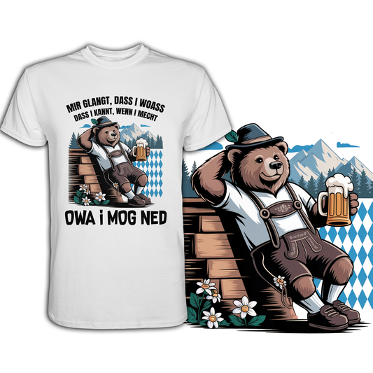 Weißes T-Shirt mit „Owa i mog ned“-Motiv und chilligem Bären, unten rechts vergrößerte Darstellung des Motivs