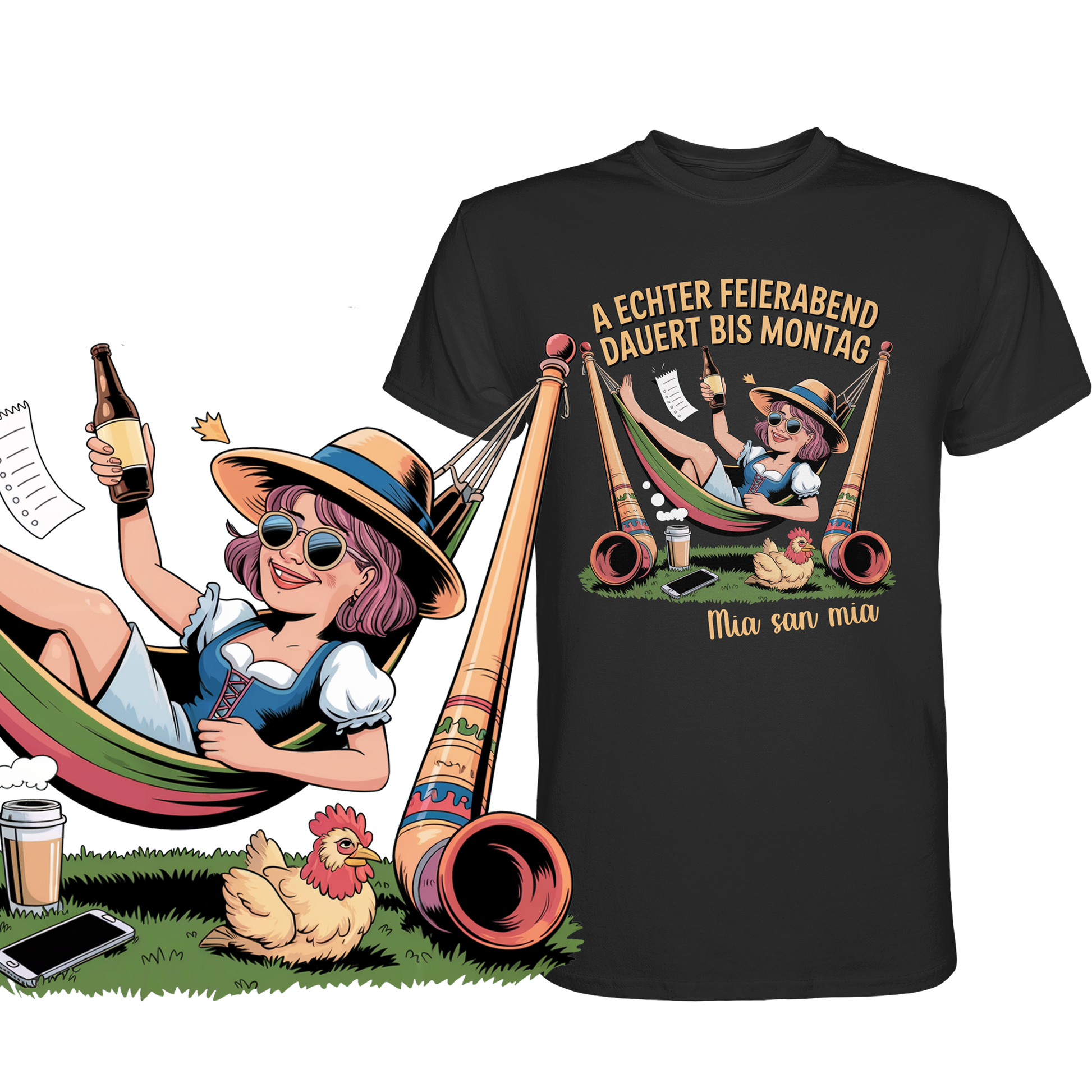 Schwarzes T-Shirt mit Spruch und entspannter Madl-Illustration, unten links vergrößerte Darstellung

