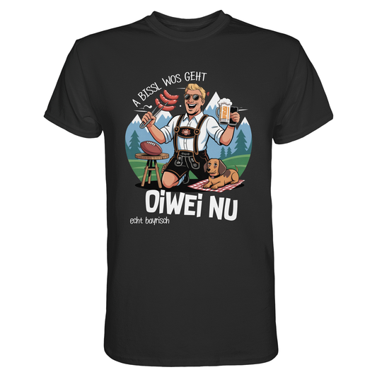 Schwarzes T-Shirt mit der Aufschrift „A bissl wos geht oiwei nu“ und Motiv: lustiger Bayer mit Bratwurst und Maßkrug auf einem Fest