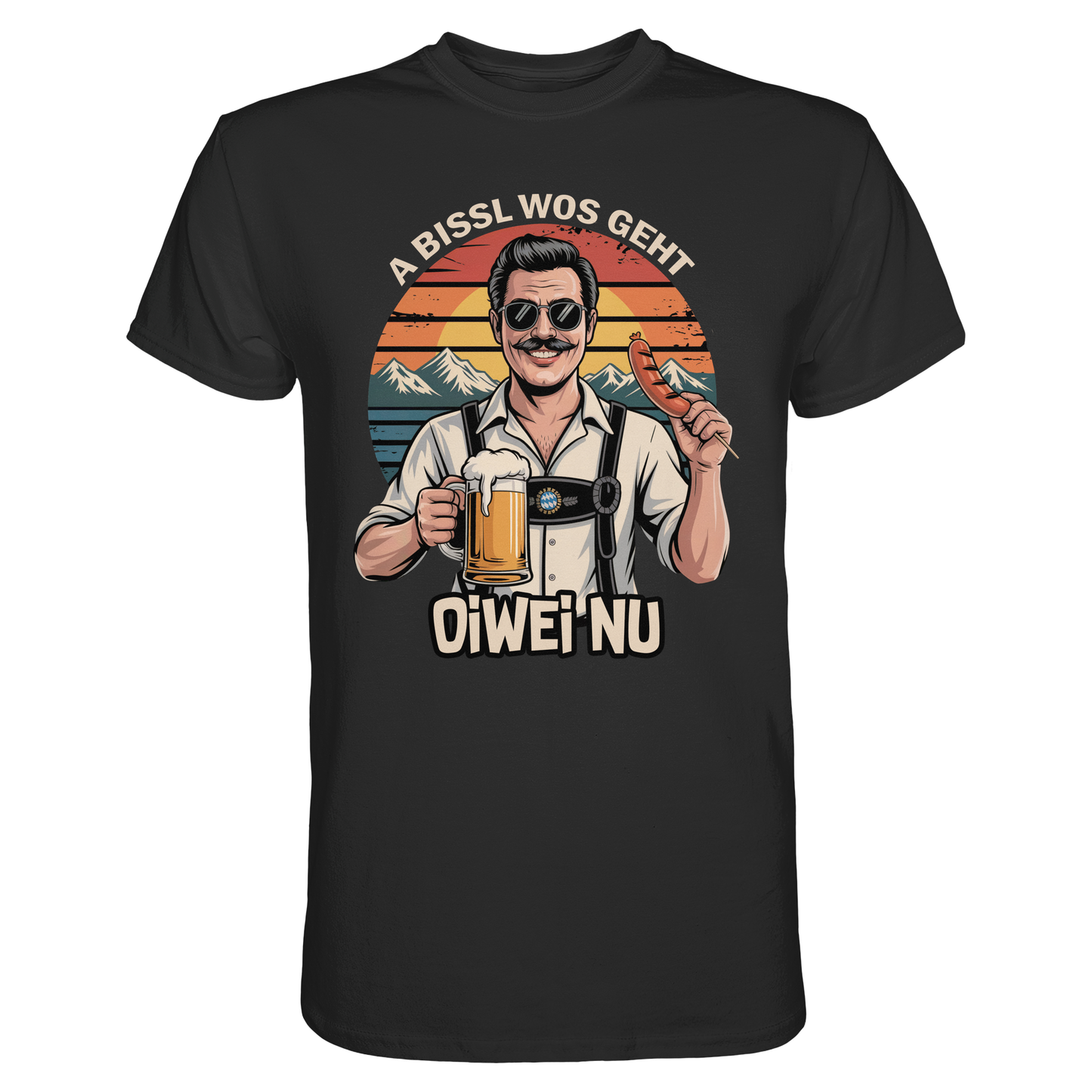 Schwarzes T-Shirt mit der Aufschrift „A bissl wos geht oiwei nu“ und Retro-Motiv: cooler Bayer mit Sonnenbrille