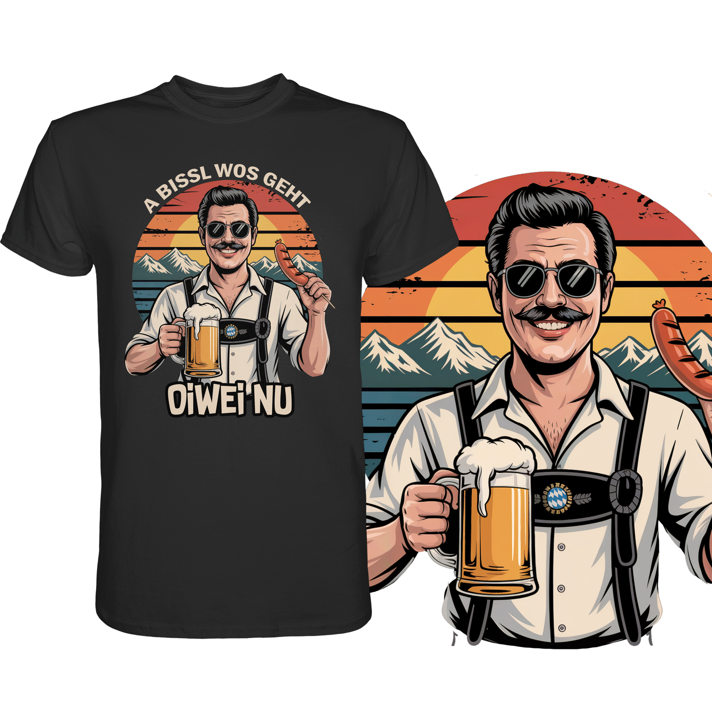 Schwarzes T-Shirt mit Retro-Bayer und Spruch „A bissl wos geht oiwei nu“, unten rechts vergrößerte Darstellung des Motivs