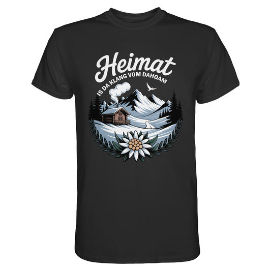 Schwarzes T-Shirt mit der Aufschrift „Heimat is da Klang vom Dahoam“ und Motiv: Berghütte, Berge und Edelweiß