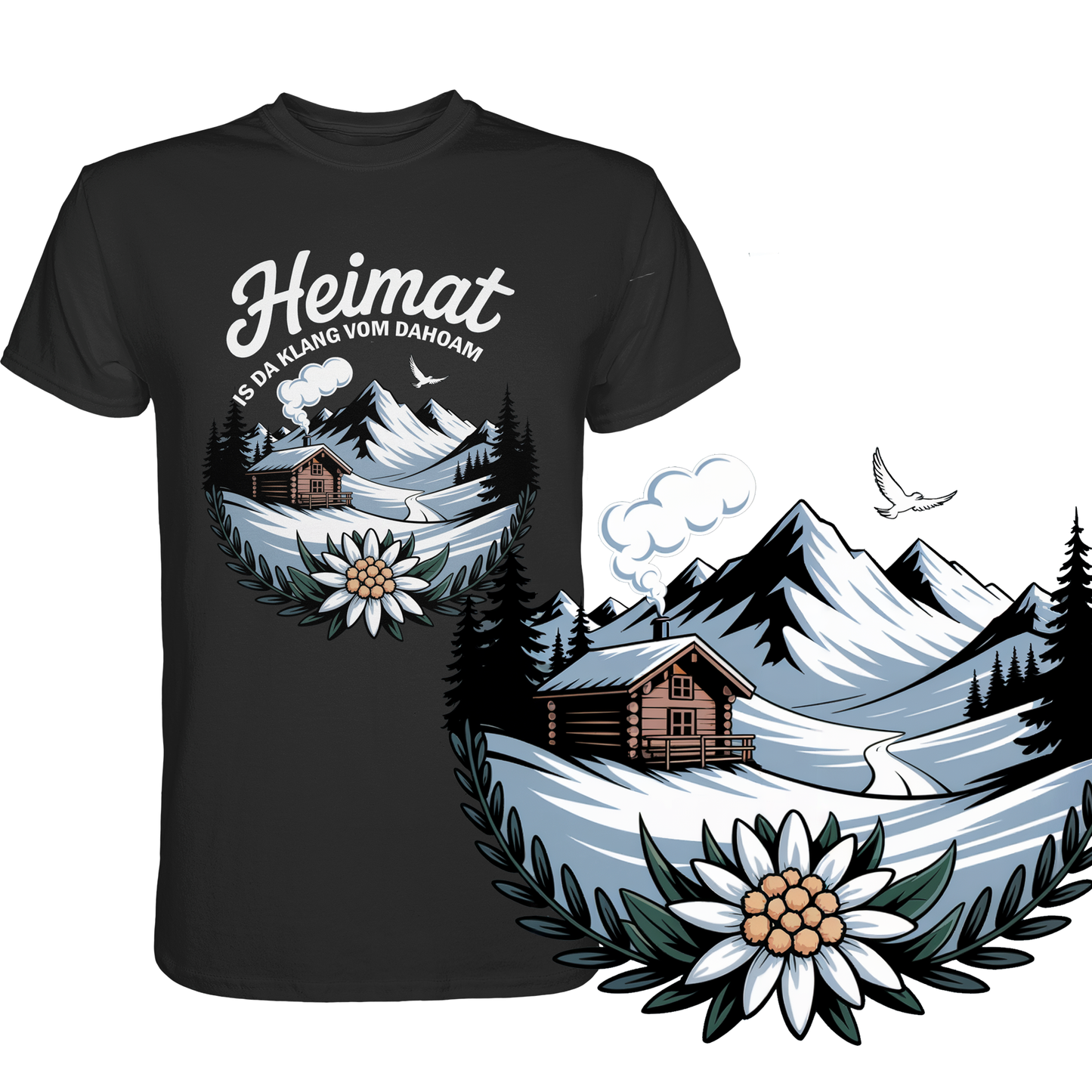 Schwarzes T-Shirt mit der Aufschrift „Heimat is da Klang vom Dahoam“ und Motiv: Berghütte, Berge und Edelweiß. Rechst unten eine vergrößerte Darstellung des Motivs.