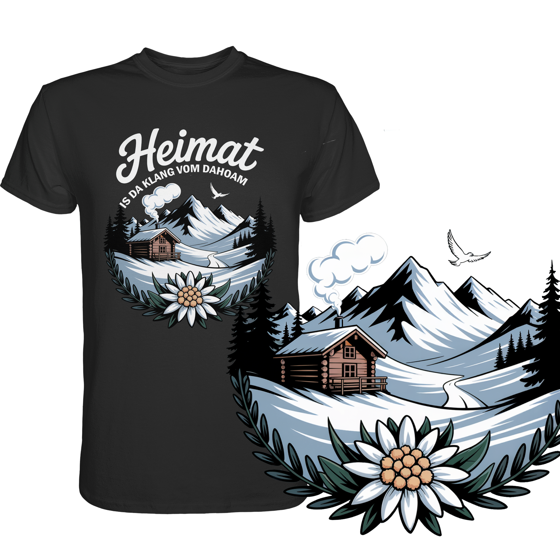 Schwarzes T-Shirt mit der Aufschrift „Heimat is da Klang vom Dahoam“ und Motiv: Berghütte, Berge und Edelweiß. Rechst unten eine vergrößerte Darstellung des Motivs.