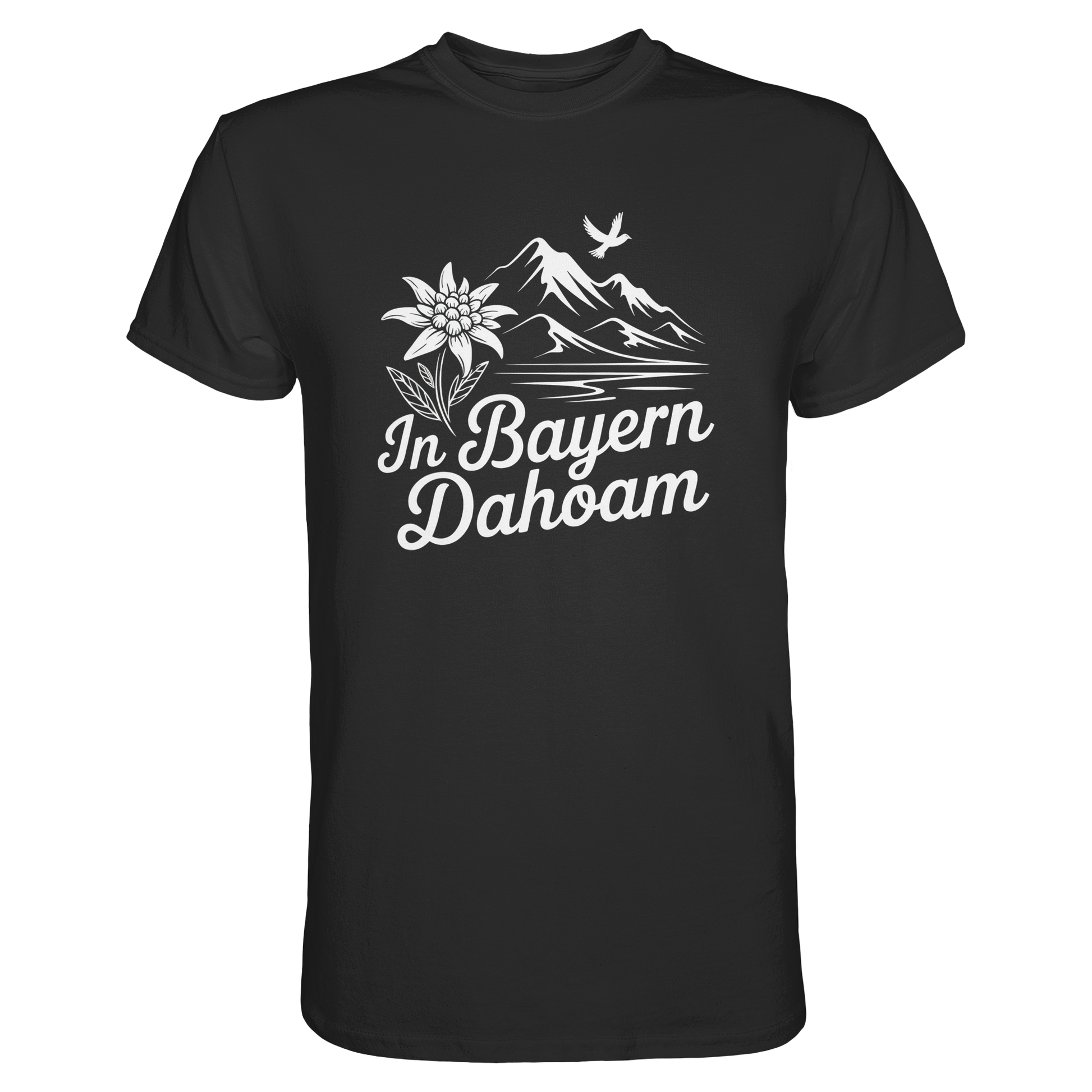 Schwarzes T-Shirt mit der Aufschrift „In Bayern dahoam“ und stilisiertem Bergpanorama mit Edelweiß in Schwarz-Weiß