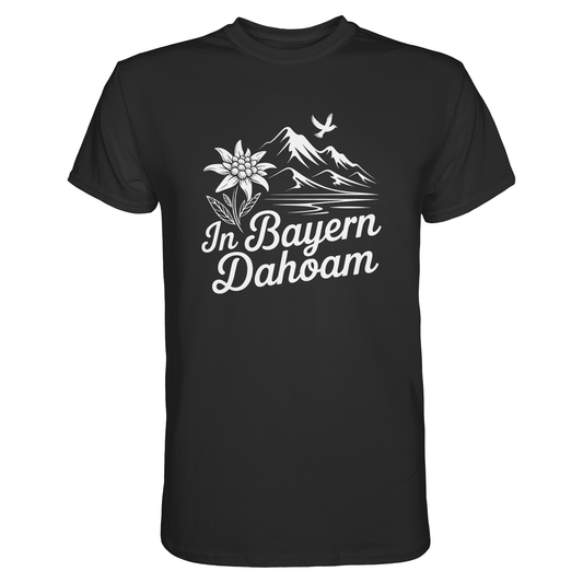 Schwarzes T-Shirt mit der Aufschrift „In Bayern dahoam“ und stilisiertem Bergpanorama mit Edelweiß in Schwarz-Weiß