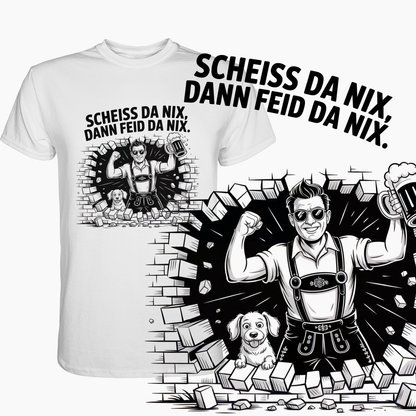 Weißes T-Shirt mit bayerischem Spruch in Schwarz, unten rechts vergrößerte Darstellung des Motivs