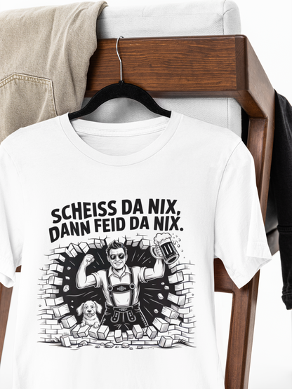 Weißes T-Shirt mit schwarzem Statement-Spruch auf Kleiderbügel 
