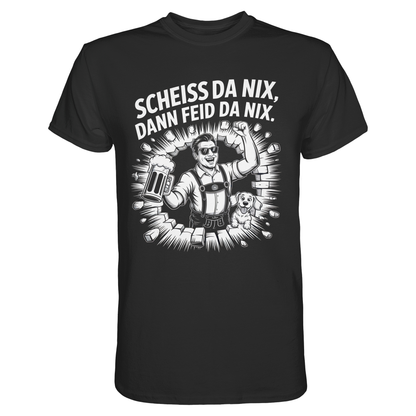 Schwarzes T-Shirt mit weißem Text „Scheiß da nix, dann feid da nix“ und Comic-Motiv eines Bayern mit Hund und Wand.
