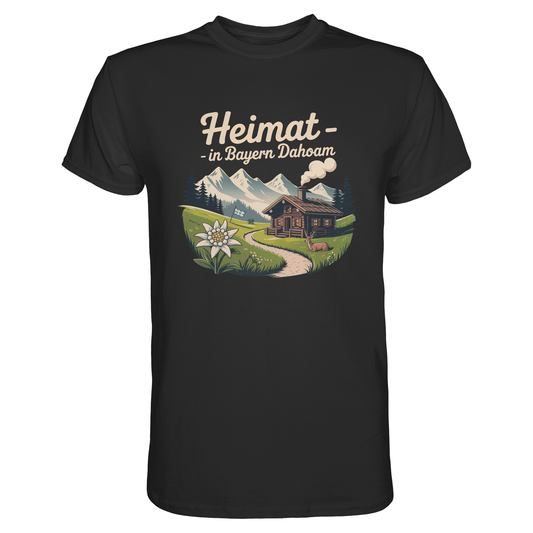 Schwarzes T-Shirt mit Motiv: Bergkulisse, Almhütte, grüne Wiese, Edelweiß und Text „Heimat – In Bayern dahoam“