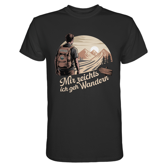 Schwarzes T-Shirt mit Motiv: Wanderer in Sepia-Optik vor Bergkulisse und Text „Mir reicht’s, ich geh wandern“