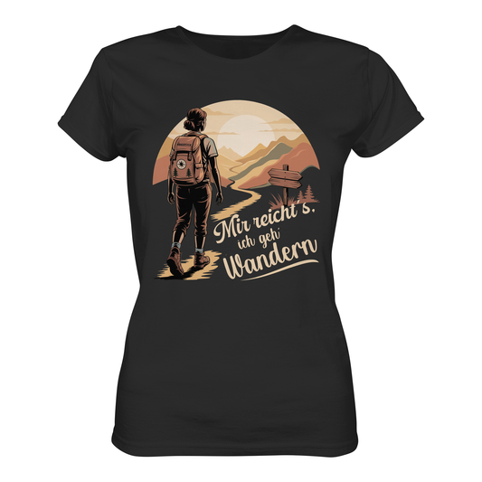 Schwarzes T-Shirt mit Wandermotiv in Sepia-Tönen und Spruch „Mir reicht’s, ich geh wandern“