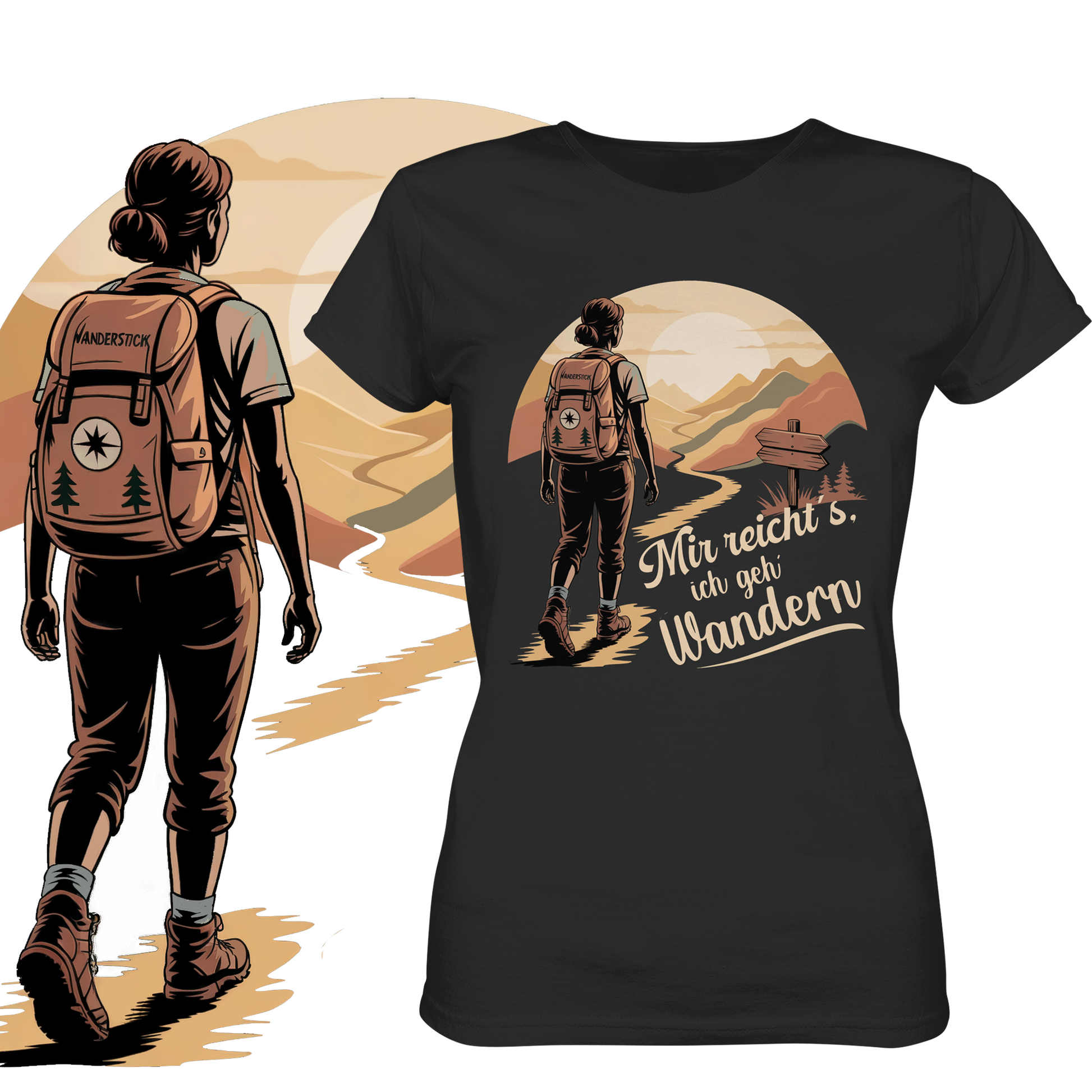 Schwarzes T-Shirt mit Wandermotiv in Sepia-Tönen und Spruch „Mir reicht’s, ich geh wandern“, links vergrößerte Darstellung des Bildes