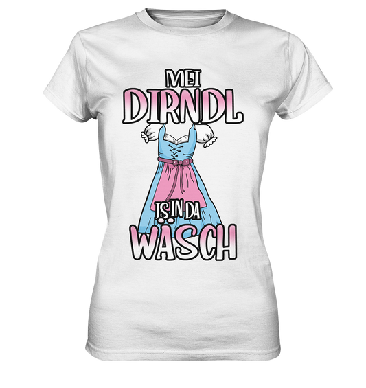 Weißes T-Shirt mit der Aufschrift „Mei Dirndl is in da Wäsch“ und Dirndl-Motiv in Pastellfarben