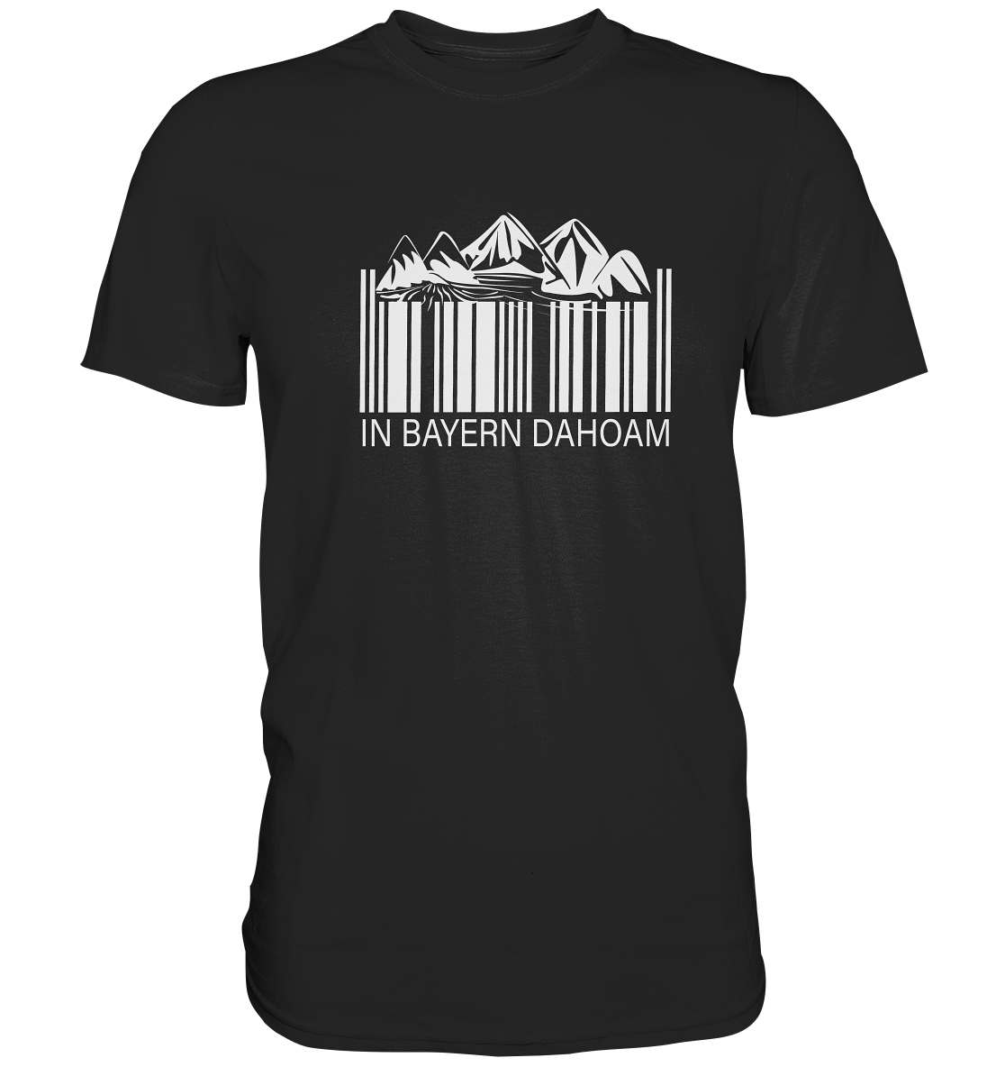 Schwarzes T-Shirt mit der Aufschrift „In Bayern dahoam“ und Strichcode-Bergmotiv in Schwarz-Weiß