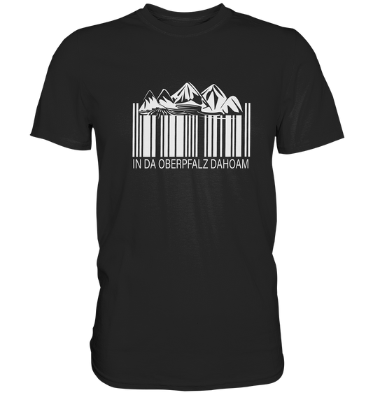 Schwarzes T-Shirt mit der Aufschrift „In da Oberpfalz dahoam“ und Strichcode-Bergmotiv in Schwarz-Weiß
