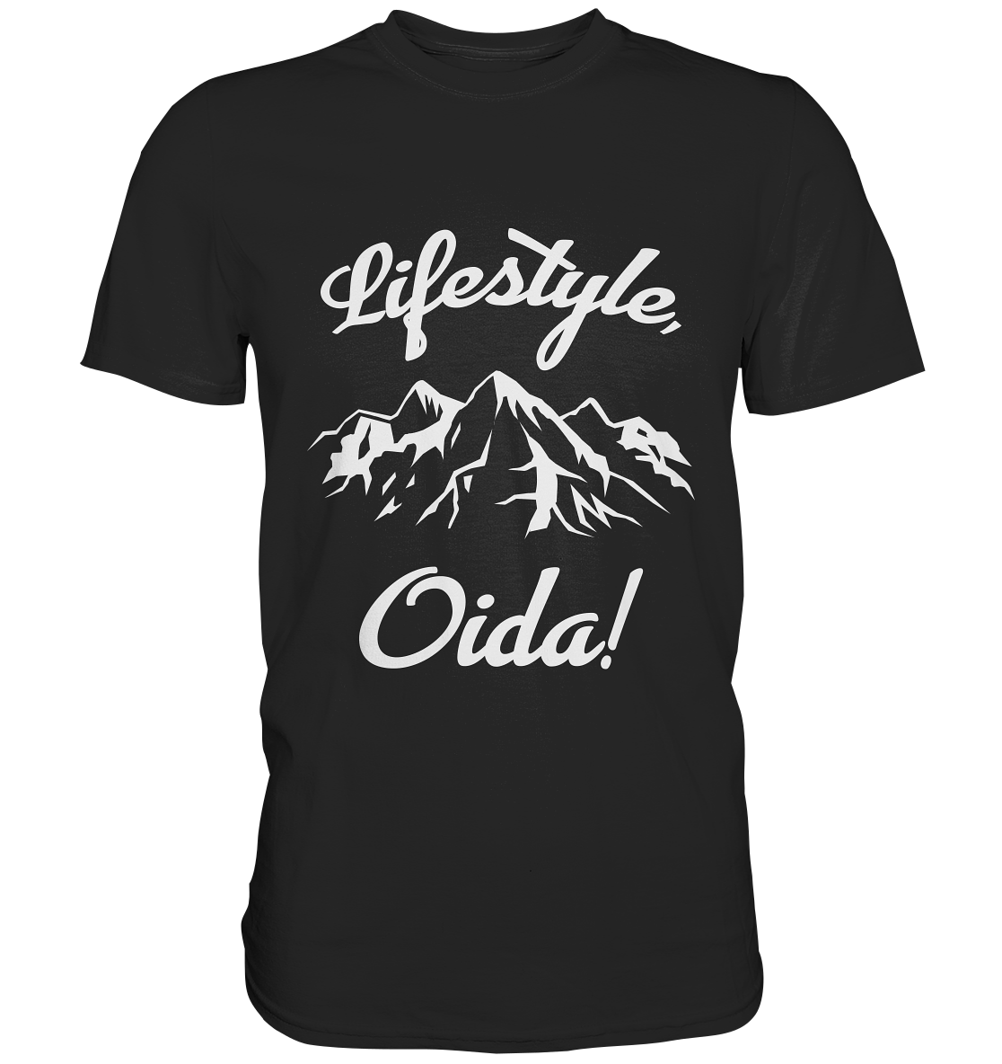 Schwarzes T-Shirt mit der Aufschrift „Lifestyle Oida!“ und stilisiertem Bergmotiv in Schwarz-Weiß