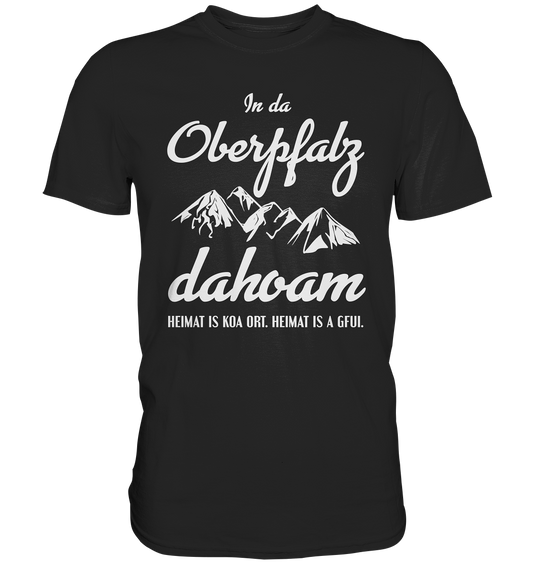 Schwarzes T-Shirt mit der Aufschrift „In da Oberpfalz dahoam“ und stilisiertem Bergmotiv in Schwarz-Weiß