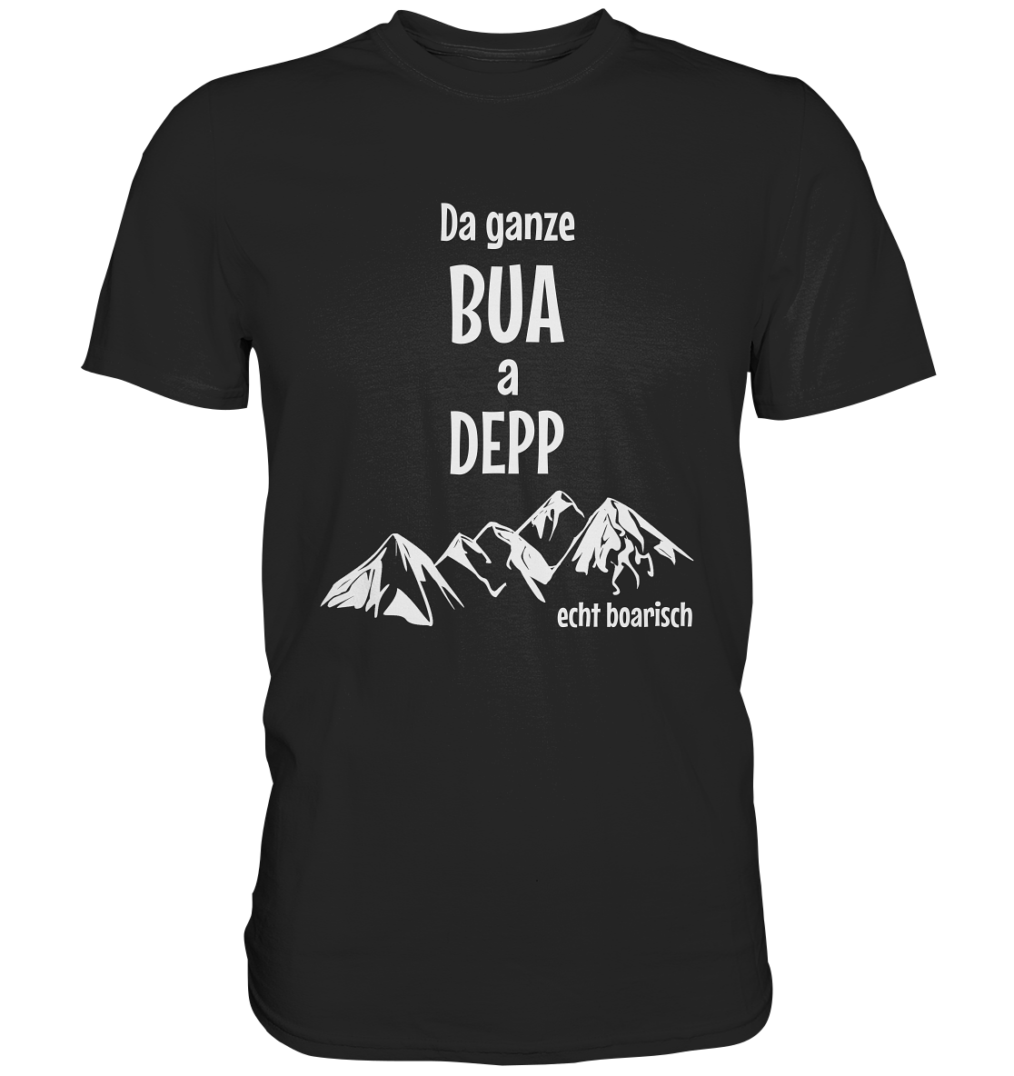 Schwarzes T-Shirt mit dem Spruch „Da ganze Bua a Depp“ und Berg-Motiv