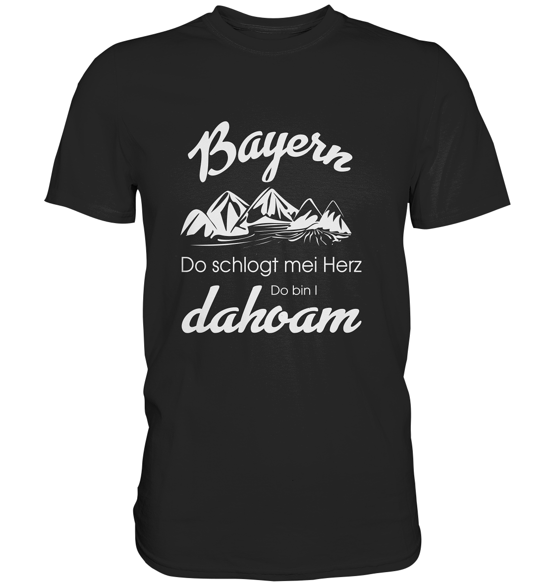 T-Shirt mit der Aufschrift „Bayern. Do schlogt mei Herz. Do bin I dahoam.“ und stilisiertem Bergmotiv in Schwarz-Weiß